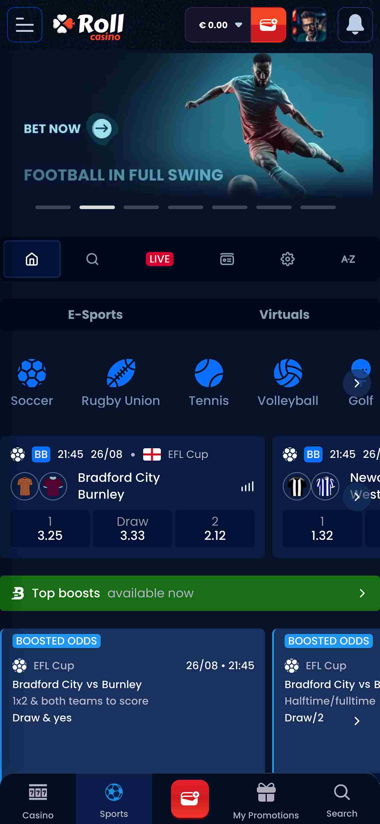 Rollcasino sports betting homepage