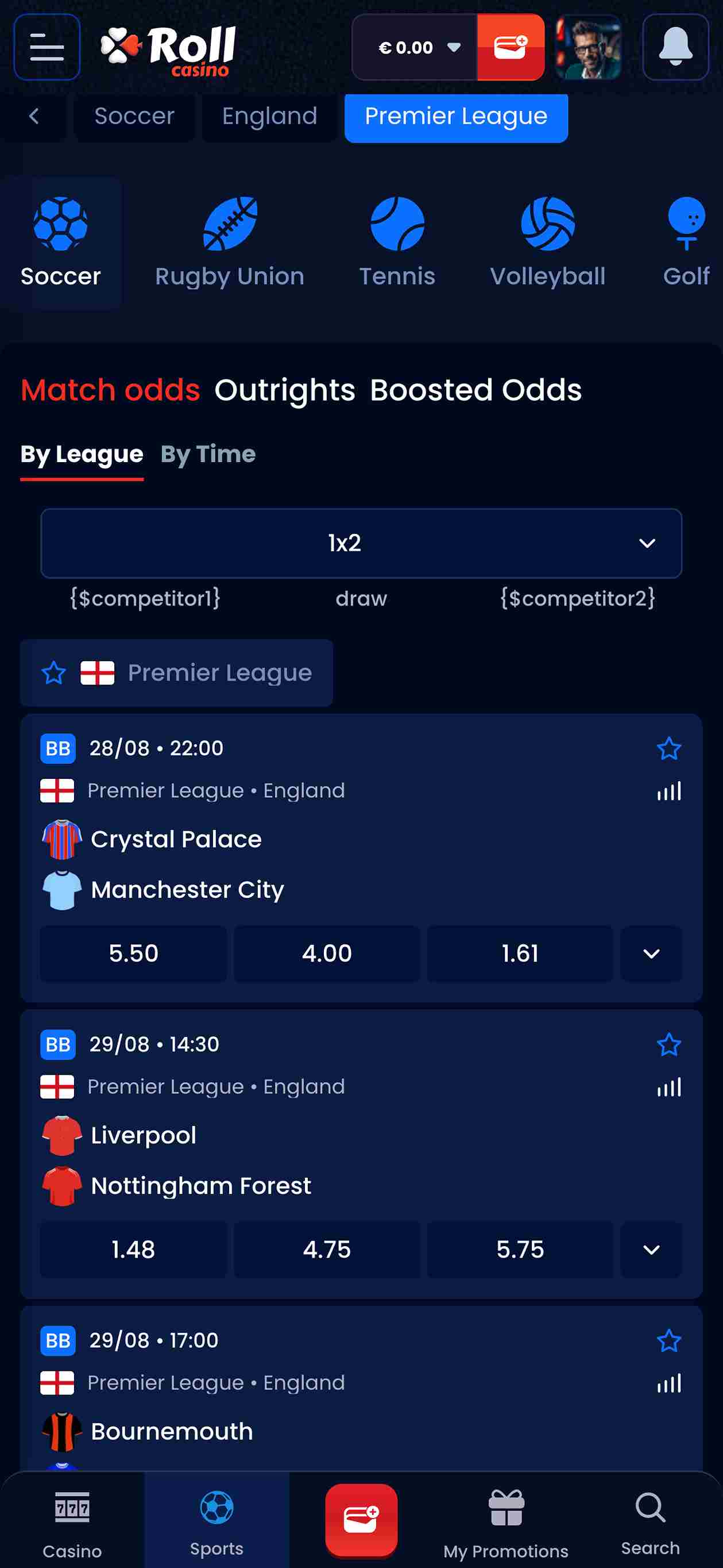 Roll casino sports betting markets